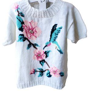 Vintage Floral-Bird White Knit Half Sleeve Crew Neck Pullover Jumper Sweater. L